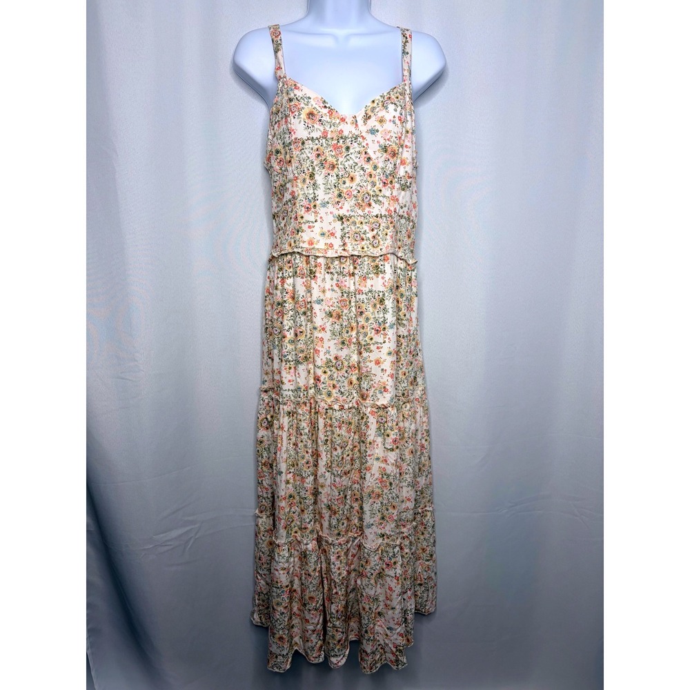 Kirious Los Angeles Womens Floral Tiered Maxi Dress Smocked Back Cream Large NEW